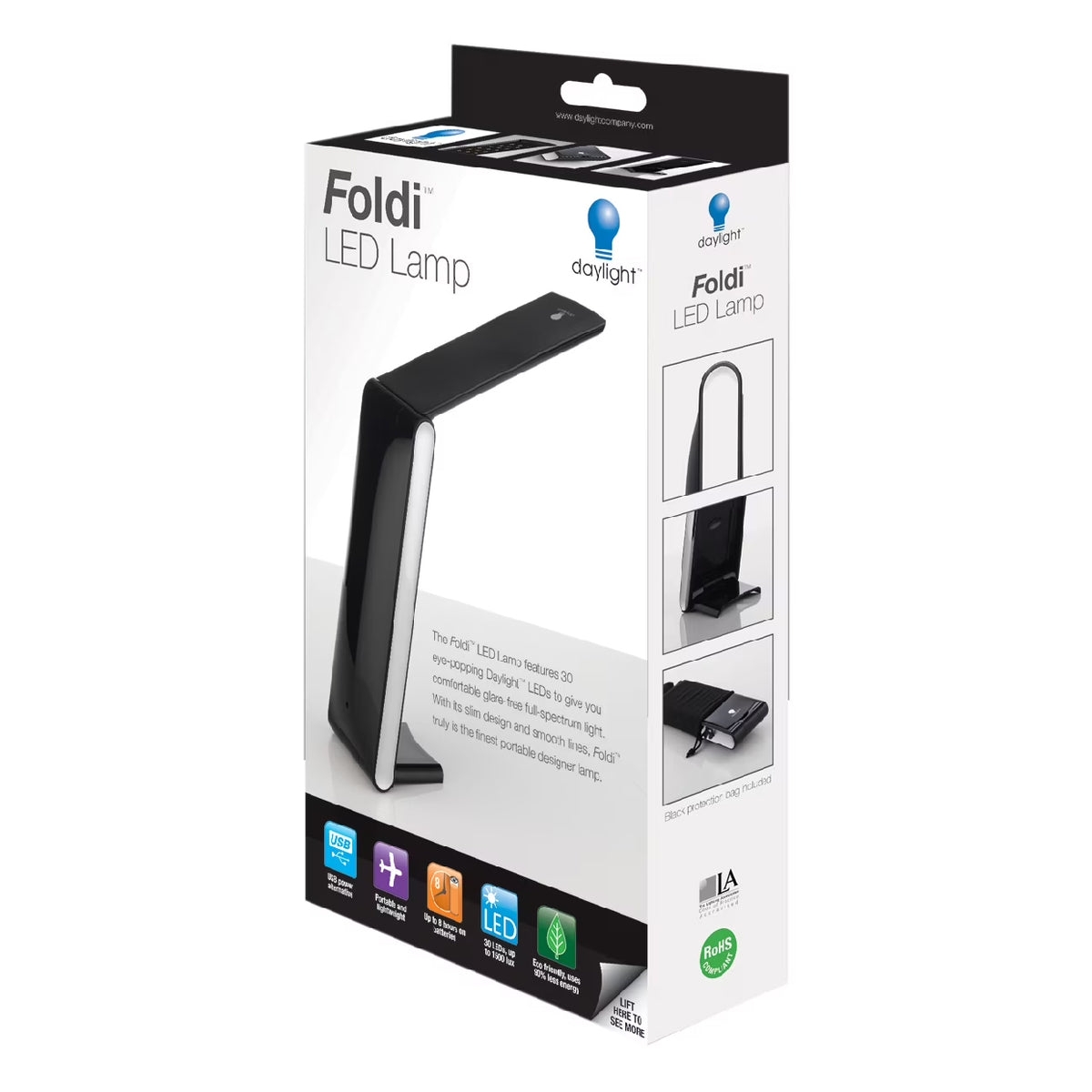Black Foldi LED lamp showing 30 daylight LEDs for detailed work
