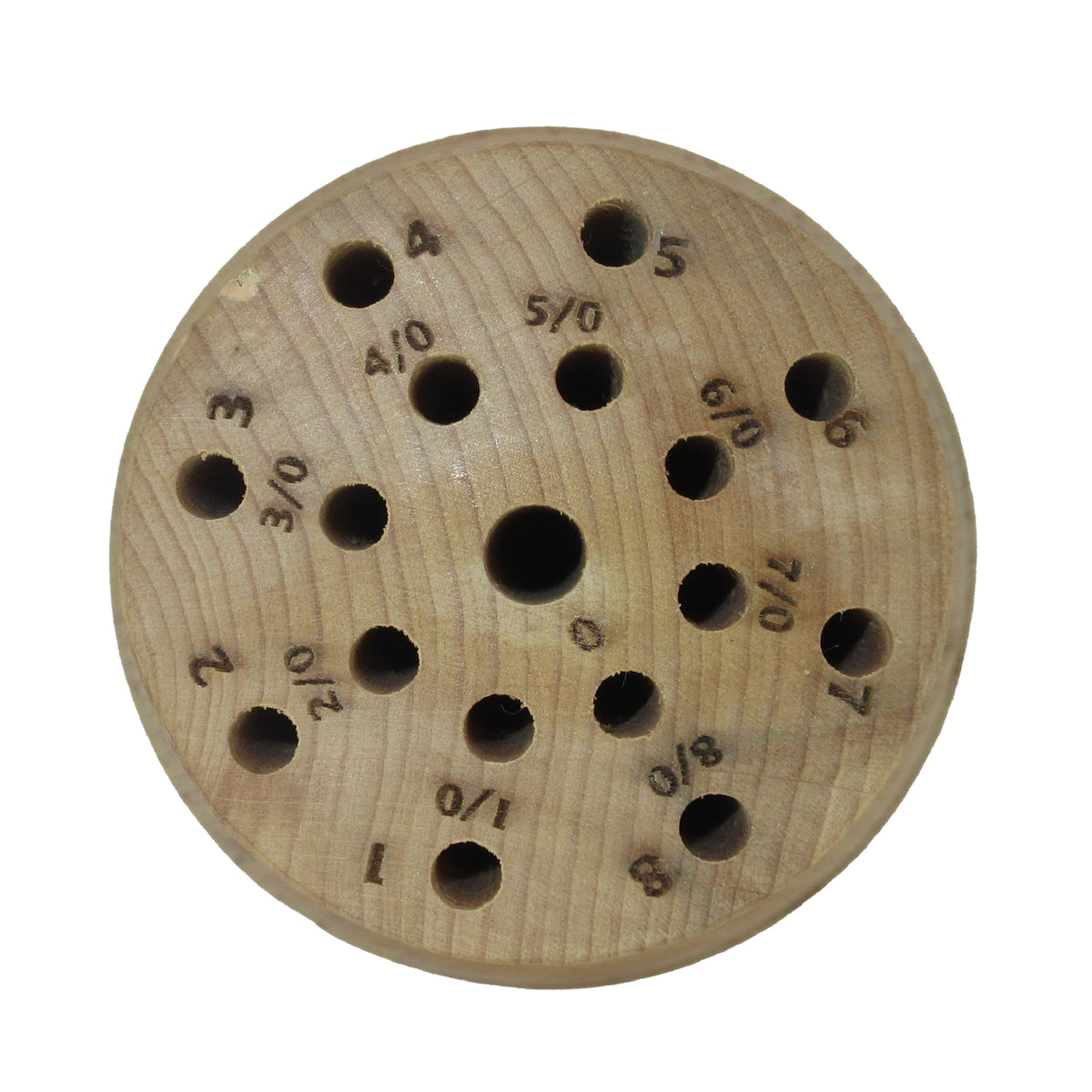 Solid wood saw blade holder organizer with round base designed to store and sort fine saw blades by size