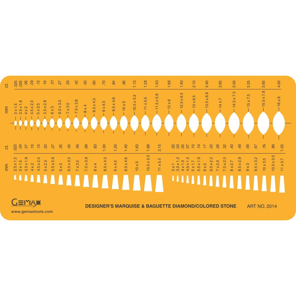 Jewelry diamond gauge template #2014 showing marquise and baguette stone sizes with mm and carat measurements