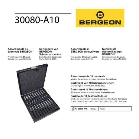 Professional Bergeon watchmaker screwdriver set with replacement blades in plastic tubes