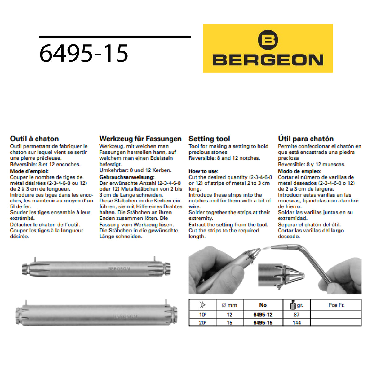 Bergeon 6495-15 jewellery setting tool with 20° angle and Ø15 mm diameter for goldsmiths