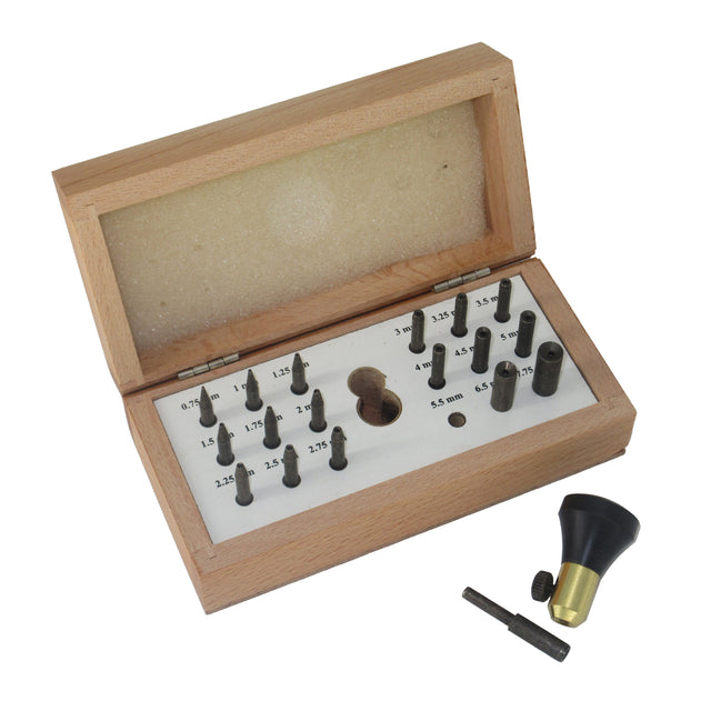 Professional bezel setting punch set with 18 hardened steel punches in wooden box for jewelry making