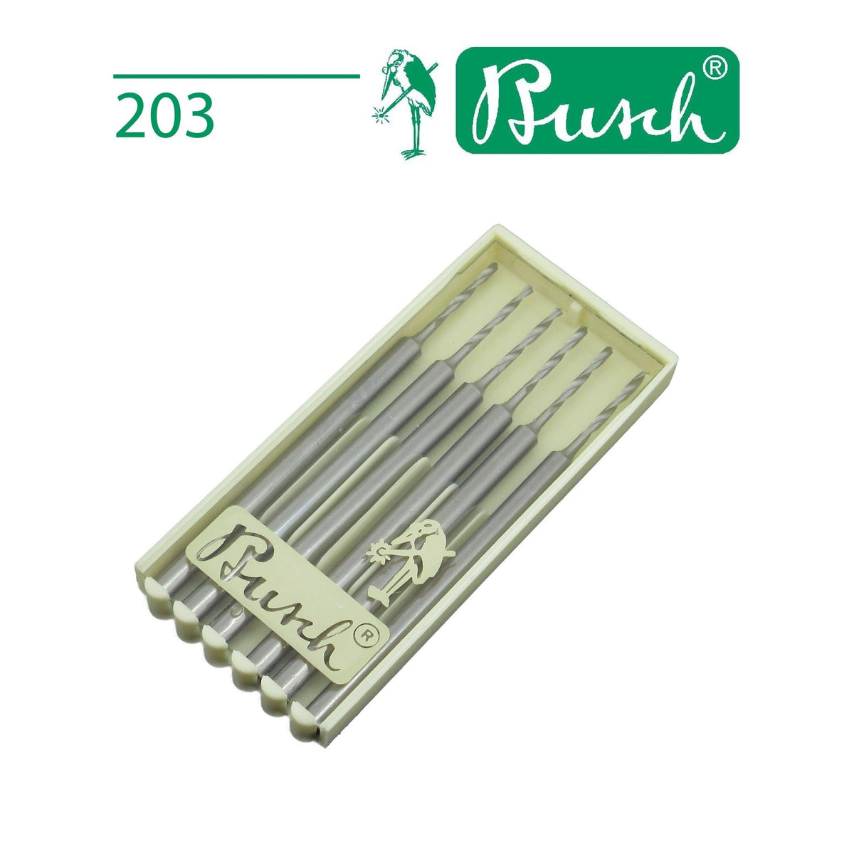 German-made Busch steel twist drill with 2.35 mm shank for flex shaft handpieces