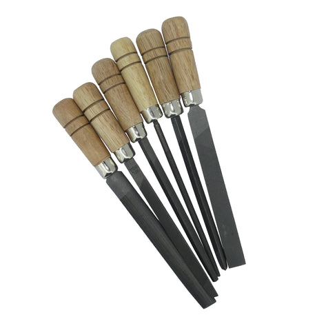 6 piece economy precision file set with wooden handles in storage wallet