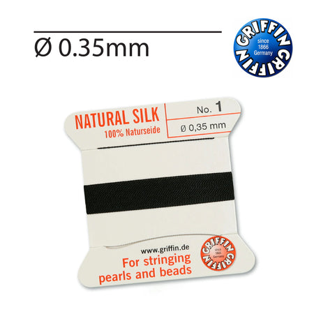 Griffin® Black natural silk bead cord Nr. 1 0.35mm with attached needle