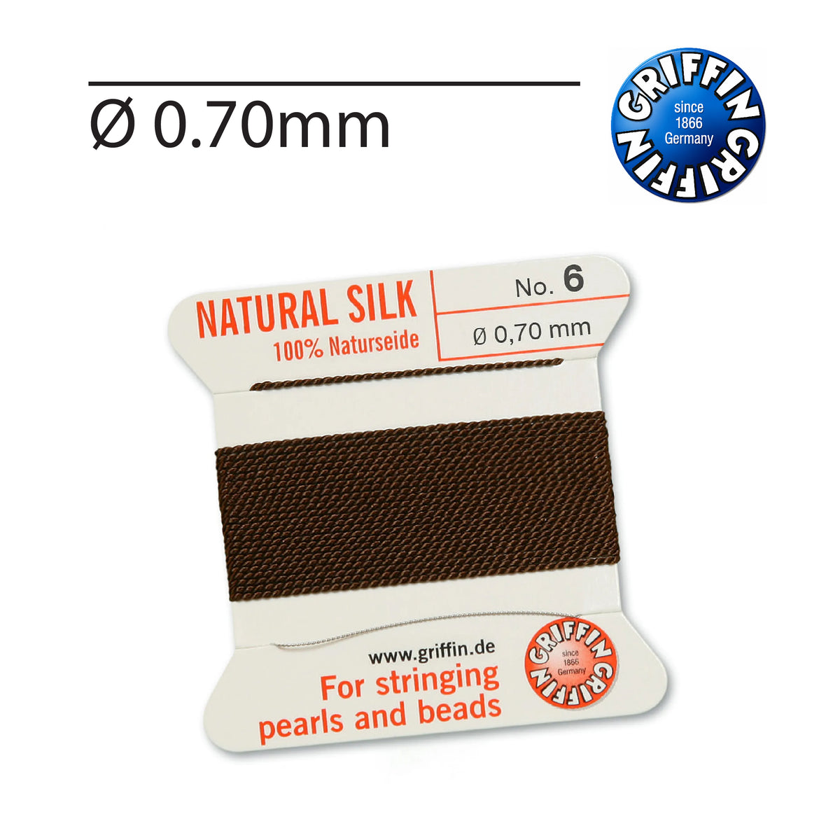 Griffin® Brown pearl stringing silk Nr. 6 0.70mm with attached needle