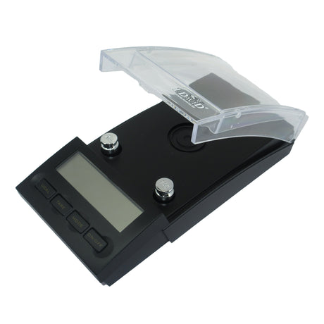I.D.20 digital jewelry scale with protective cover open and LCD display