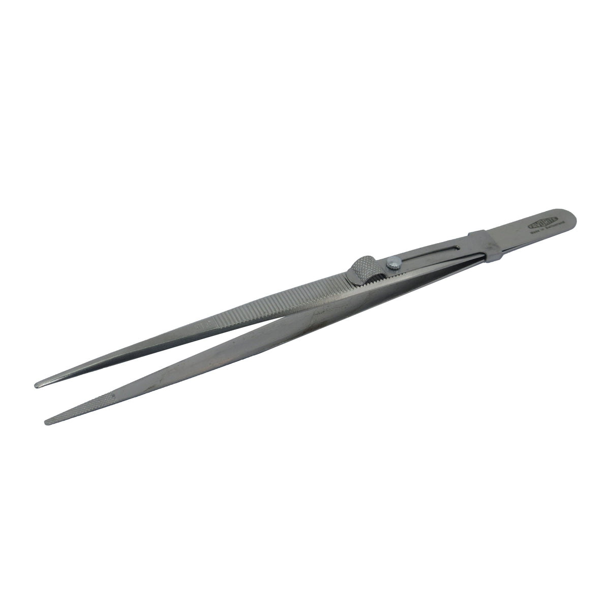 Stainless steel jewelry tweezers with locking mechanism