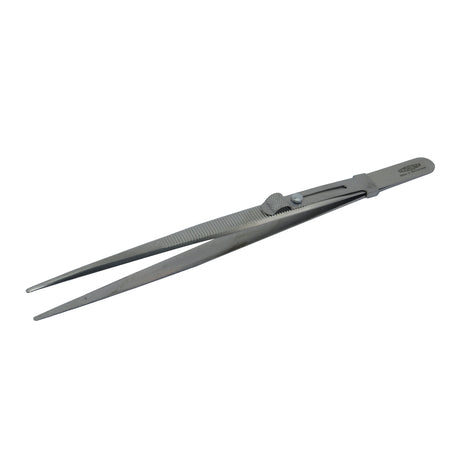 Stainless steel jewelry tweezers with locking mechanism