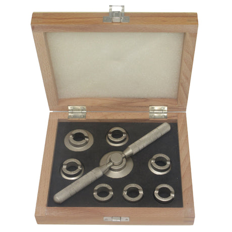 Professional watch case back opener set with 8 dies for Rolex-style Oyster watch cases
