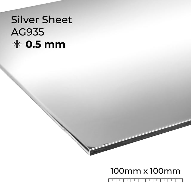 Silver sheet labeled AG935 with dimensions 0.5mm thick and 100mm x 100mm on a white background.