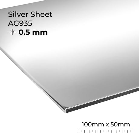 Silver sheet labeled AG935 with dimensions 0.5mm thick and 100mm x 50mm on a white background.