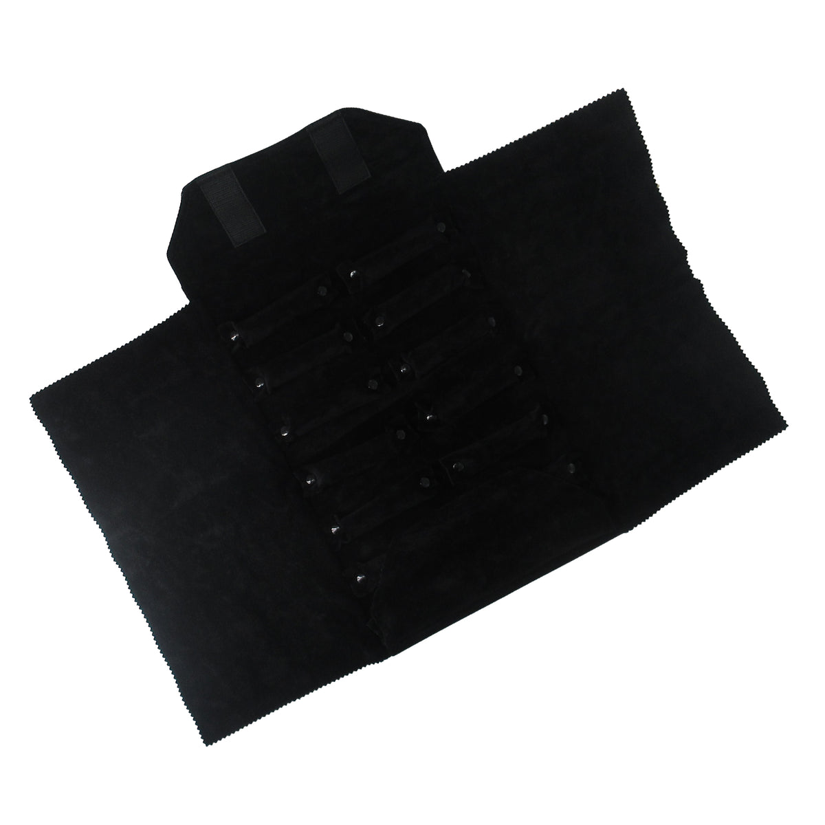Black leatherette jewelry roll with black suede interior
