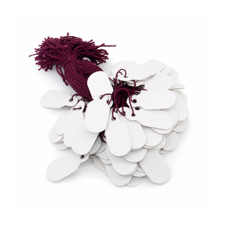 White paper jewelry price tags with purple string for retail labeling